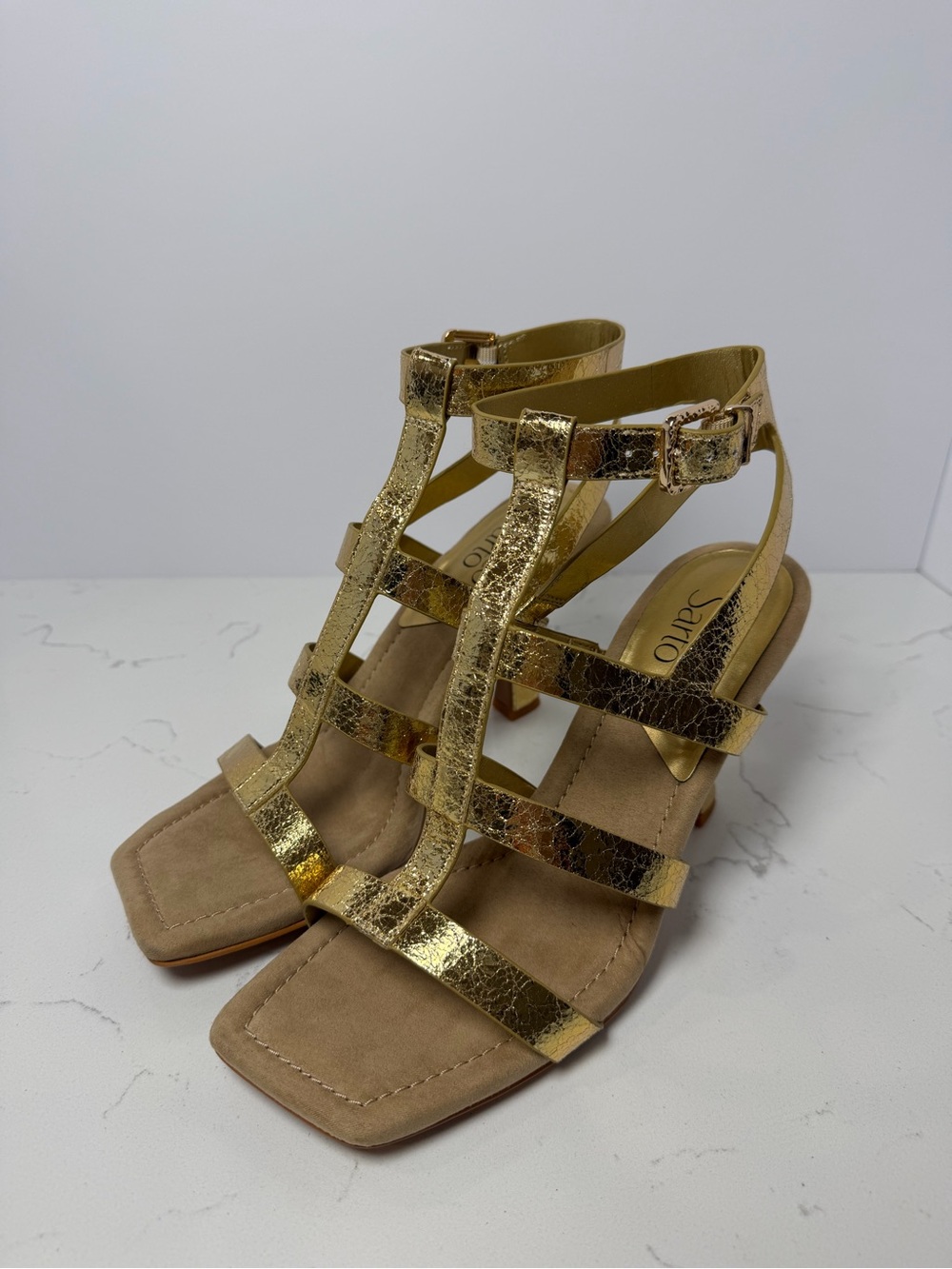 Franco Sarto Gold Strappy T‑Bar Heeled Sandals